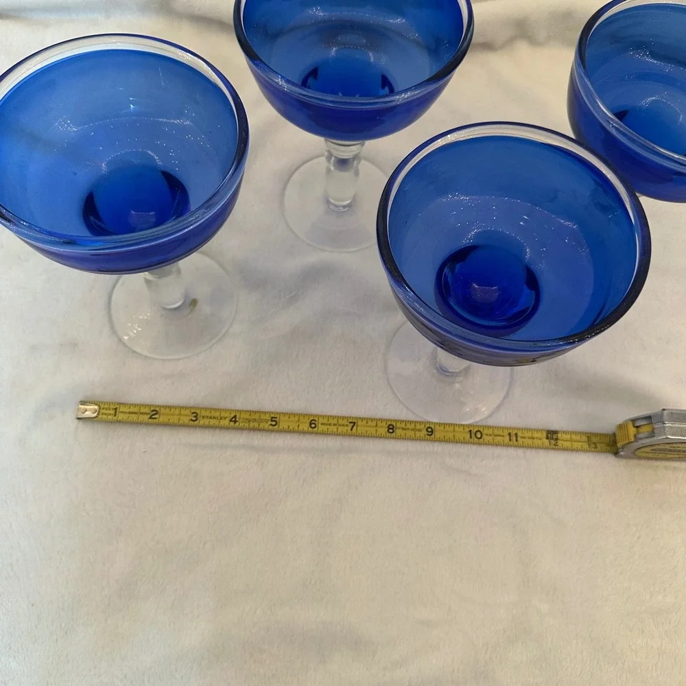 Vintage Margarita Glasses Set of 4 Cobalt Blue Clear Bubble Stem Excellent MCM